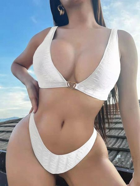 

textured heart ring linked high cut bikini swimsuit e1zb#, White;black