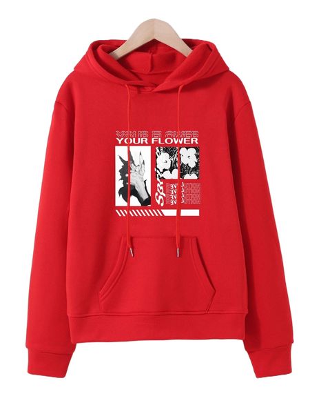 

floral & letter graphic drop shoulder drawstring thermal hoodie e8bg#, Black