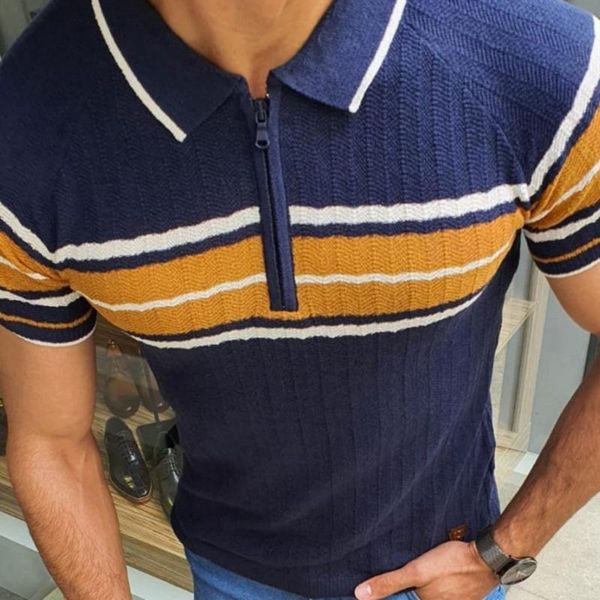 Polo da uomo Camicia da uomo a maniche corte a righe alla moda lavorata a maglia con cerniera di colore a contrasto traspirante Slim All Match Top per appuntamenti da uomo