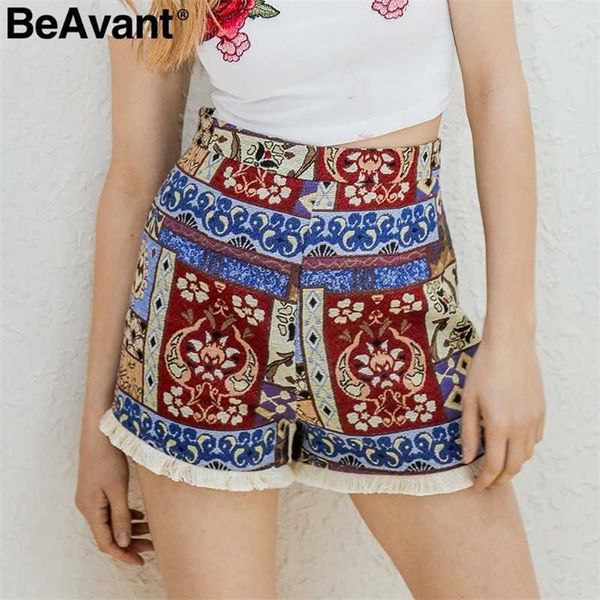 BeAvant Böhmische ethnische Sommershorts Frauen Blumendruck Quaste Reißverschluss schicke weibliche Shorts Hohe Taille Vintage Folk Damenböden 210709