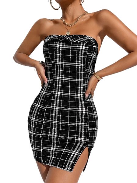 

plaid print split hem bodycon tube dress h7mh#, Black;gray