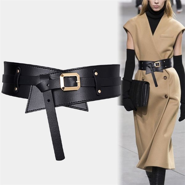 

knot belts for coat khaki super wide cummerbunds dress black soft pu leather waistbands gold pin buckle waist seal lady 220428, Black;brown