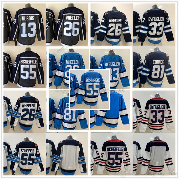 

movie college ice hockey wears jerseys stitched 26blakewheeler 33dustinbyfuglien 55markscheifele 81kyleconnor 13pierre-lucdubois men jersey, Black