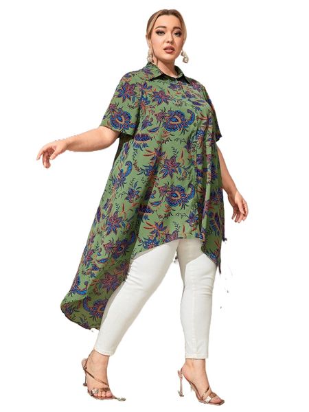 

plus floral print high low hem blouse v3yb#, Black