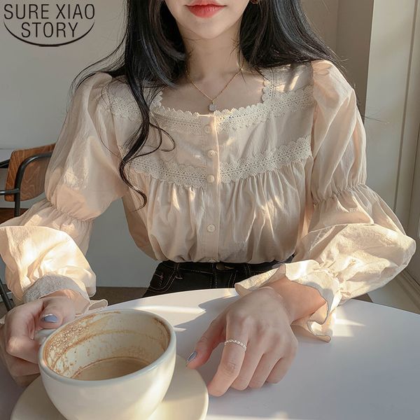 

beige lace blouse vintage square collar women long puff sleeve shirt solid cardigan sweet blusas clothes 11200 220819, White