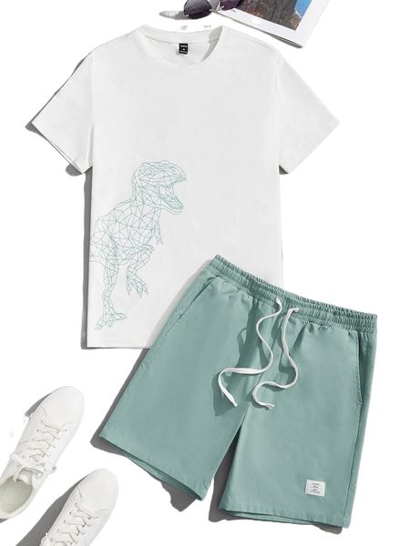 

men dinosaur print tee & patch detail drawstring waist shorts t1x4#, Gray
