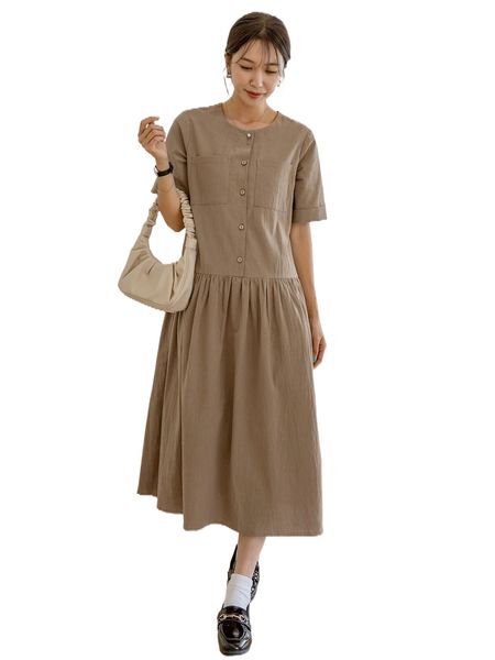 

dazy dual pocket half button smock dress g27f#, Black;gray