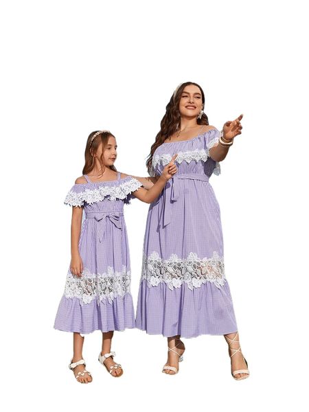 

plus 1pc belted cold shoulder gingham cami dress n4lc#, Black