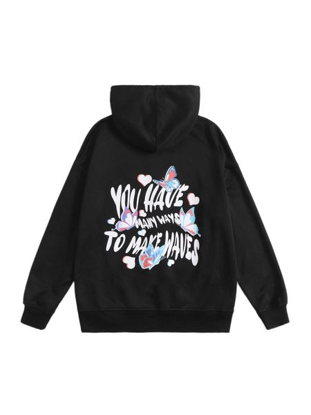 

butterfly & slogan graphic hoodie l1no#, Black