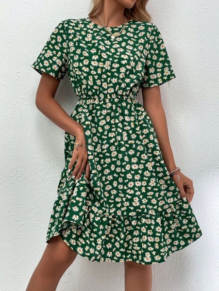 

daisy floral print ruffle hem dress without belt k5cn#, Black;gray