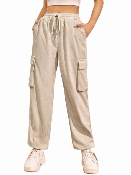 

flap pocket drawstring waist cargo pants 55ml#, Black;white