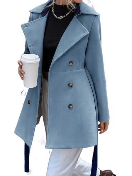 

double breasted lapel neck belted overcoat q64m#, Black