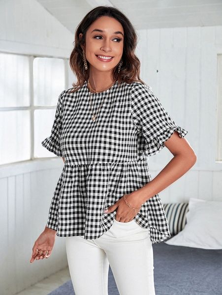 

gingham print peplum w7ba#, White