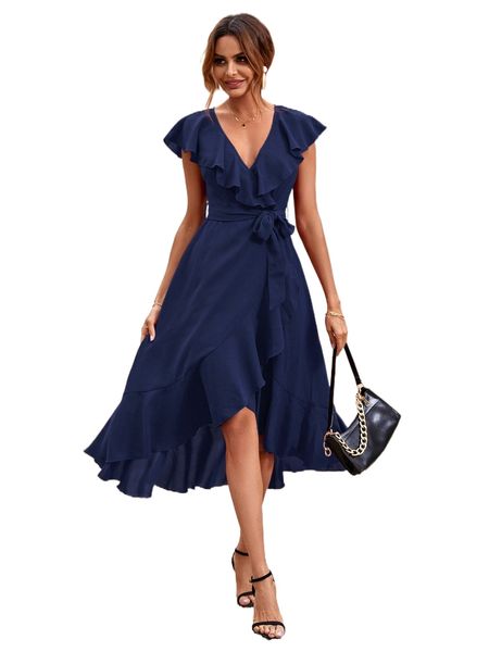 

solid ruffle trim belted wrap dress b5ym#, Black;gray