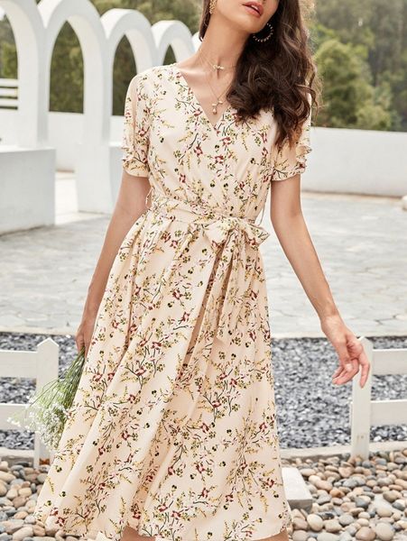 

ditsy floral print belted dress a5go#, Black;gray