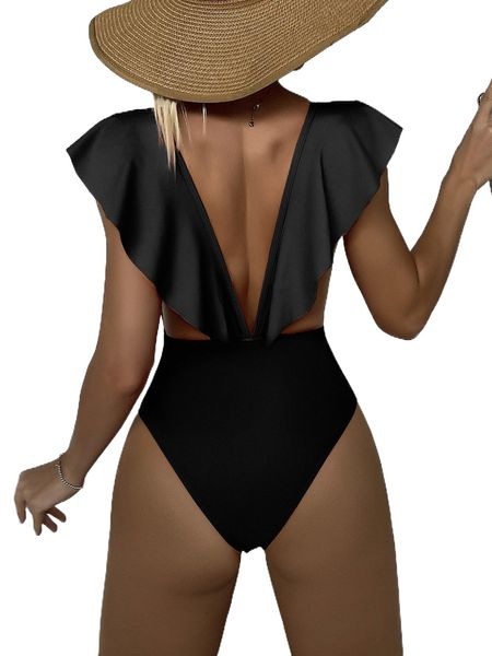 

ruffle trim deep v neck one piece swimsuit 19tz#, White;black