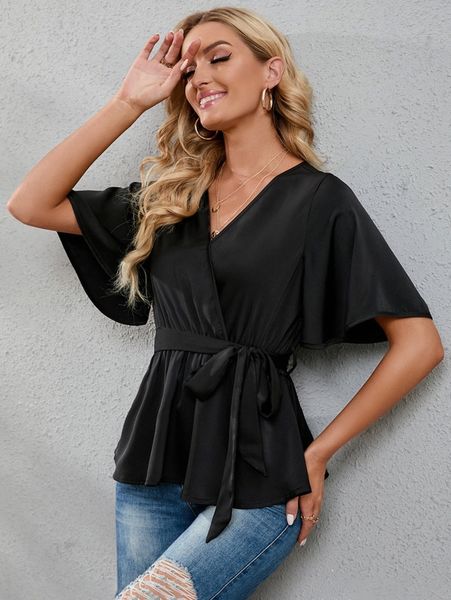 

flutter sleeve overlap collar peplum hem belted blouse q9g3#, White