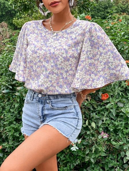 

allover floral print butterfly sleeve blouse j7ap#, White