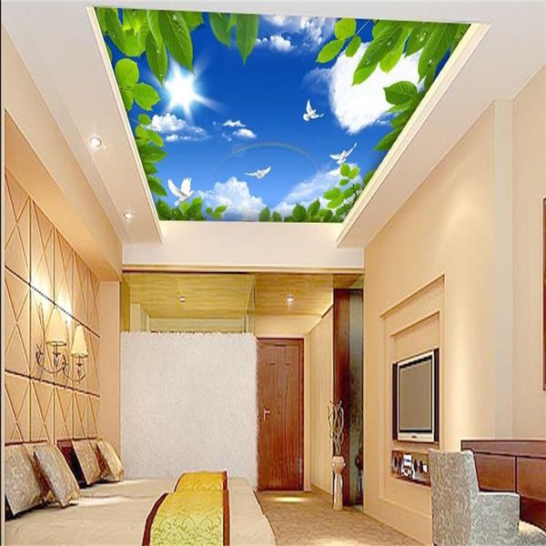 2022 Carta da parati da soffitto 3D personalizzato Sfondo blu cielo verde foglie 3d carta da parati per soggiorno murales stereoscopici