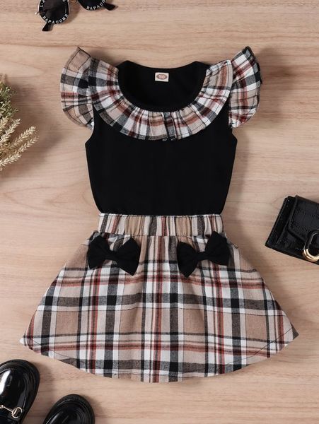 

toddler girls ruffle trim & plaid bow front skirt she, White