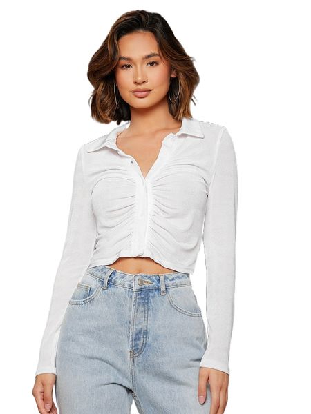 

single breasted ruched front glitter tee u4sx#, White