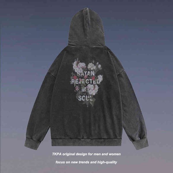 

tkpa2022 autumn and winter dark street style rose hoodie for men women, Black
