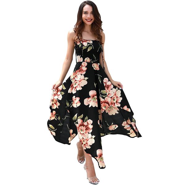 

women bohe spaghetti strap dresses summer fashion floral print sleeveless swing dress female vintage a-line beach dress, Black;gray