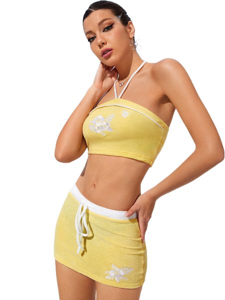 

floral embroidery tie backless halter & drawstring waist bodycon skirt i3nl#, White