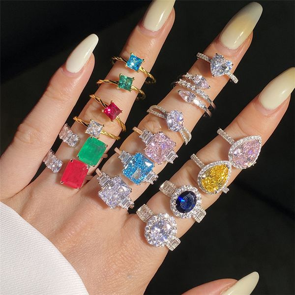 

luxurious jewelry 925 sterling silver designer ring for woman princess square heart love diamond ring white pink green zirconia wed rings en, Slivery;golden