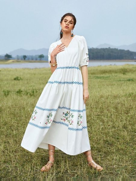 

floral & striped print puff sleeve dress x3kc#, Black;gray