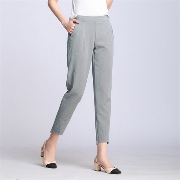 

women casual harajuku spring summer plus size trousers solid elastic waist cotton linen pants ankle length harem 220325, Black;white