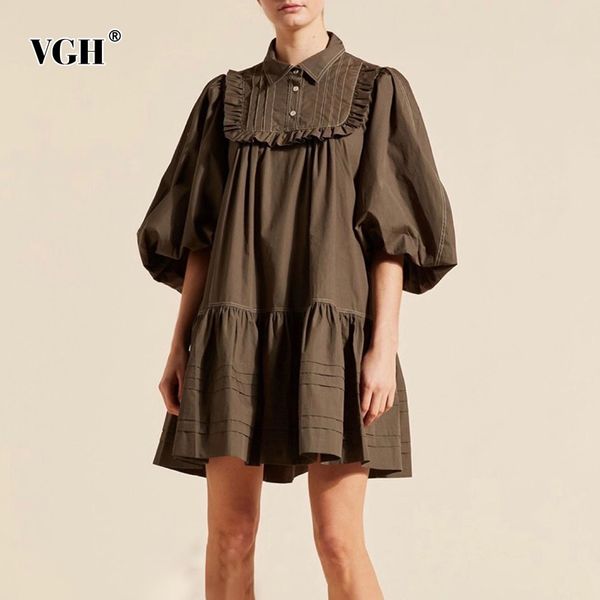 

ruched patchwork dress for women lapel lantern half sleeve casual loose khaki mini dresses female fashion clothing 210507, Black;gray