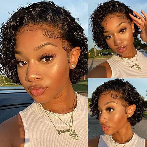

pixie cut wig short bob curly human hair wigs 13x1 transparent1b water deep wave lace front wig for women, Black;brown