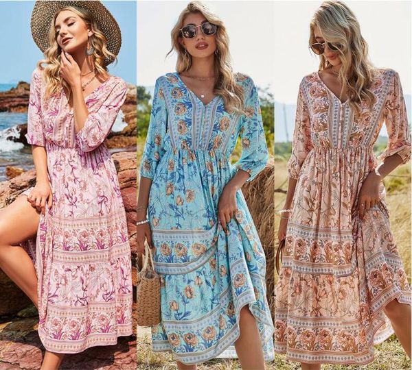 2022 primavera nuovo abito floreale Bohemia donna casual scollo a V vita alta mezza manica moda stampa abito lungo estivo