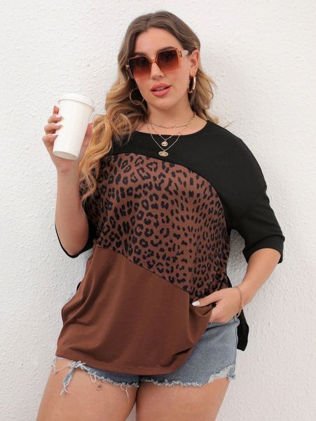 

plus leopard color block drop shoulder tee 02eu#, Black