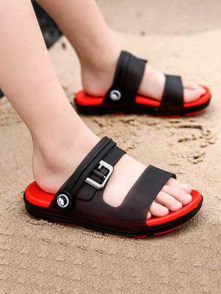 

boys two tone buckle detail slide sandals she, Black;red