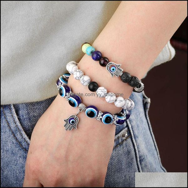 

link chain bracelets jewelry 2pcs evil blue eye beaded charm stretch bracelet 7 chakras gemstone lava stone hamsa hand dh4qc, Black