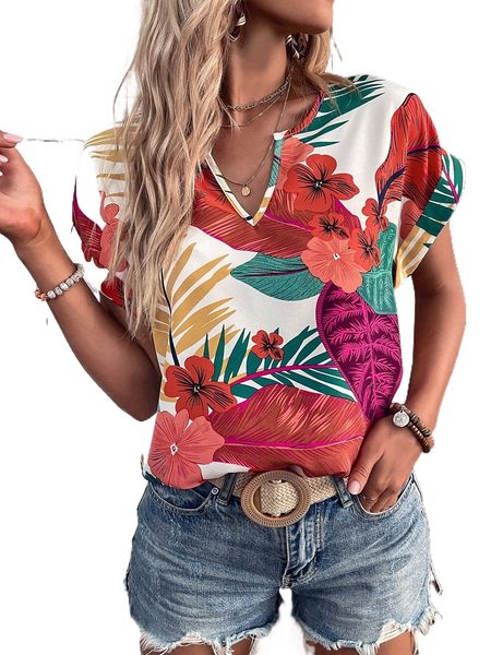

tropical print notched neck batwing sleeve blouse x3pf#, White