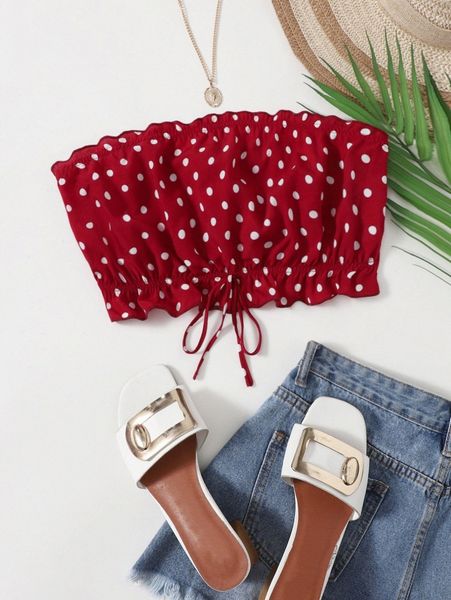 

plus frill trim knot front polka dot tube s9mn#, Black