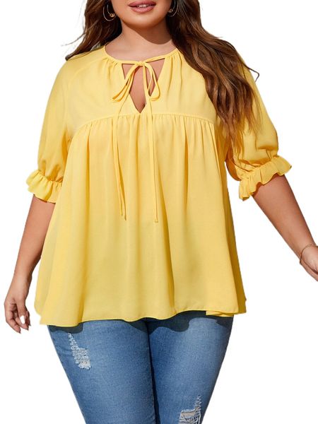 

plus solid puff sleeve tie neck blouse g4ht#, Black