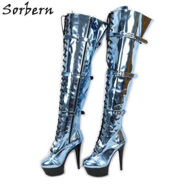 Sorbern Stivali metallizzati blu cielo sopra il ginocchio Piattaforma con tacco alto 15 cm Scarpe con lacci anteriori Custom Slim Gamba larga Stivale alto alla coscia