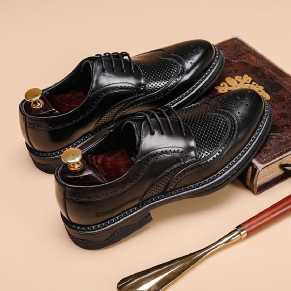 

2022 summer hollow genuine leather shoes men business brock platform breathable casual tide shoes da36, Black