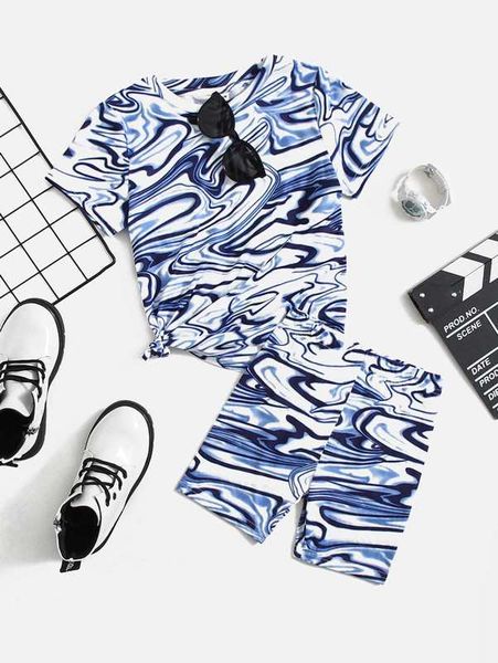 

toddler girls marble print tee & shorts she, White