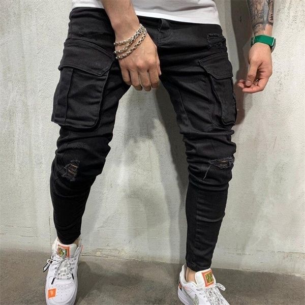 

men clothes hip hop jeans skinny motorcycle denim pants multi-pockets designer black jeans mens casual men jeans trousers 201128, Blue