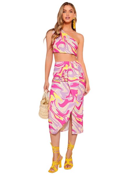 

allover print one shoulder crop & ruched split hem skirt m4iq#, White