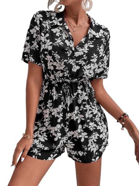 

allover floral knot waist romper r98u#, Black;white
