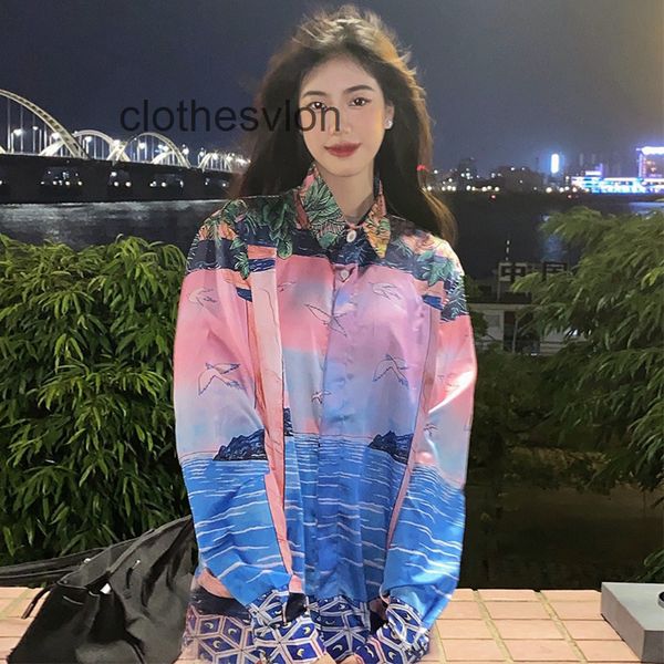 

designer mens clothes casablancas island sunset leisure silk satin pink long sleeve shirt niche design, White;black