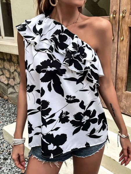 

floral print one shoulder layered ruffle trim blouse j0qm#, White