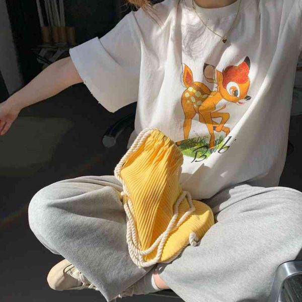 

women's t-shirt spring south korea dongdamen casual loose solid color cute fawn print short sleeve t-shirt women h6do, White