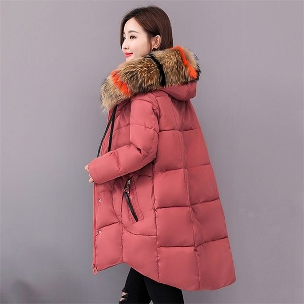 

winter women long jacket solid slim parka mujer korean style plus size hooded fur collar thick outwear womens winter coat 201210, Black